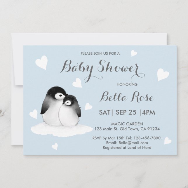Blue Heart Penguin Baby Shower Invitations (Front)