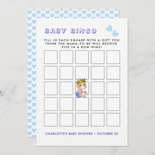 Blue Heart Prince Baby Boy Shower Party Bingo Game Invitation (Front/Back)
