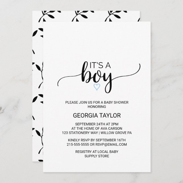 Blue Heart | Simple Black Calligraphy It's A Boy Invitation (Front/Back)