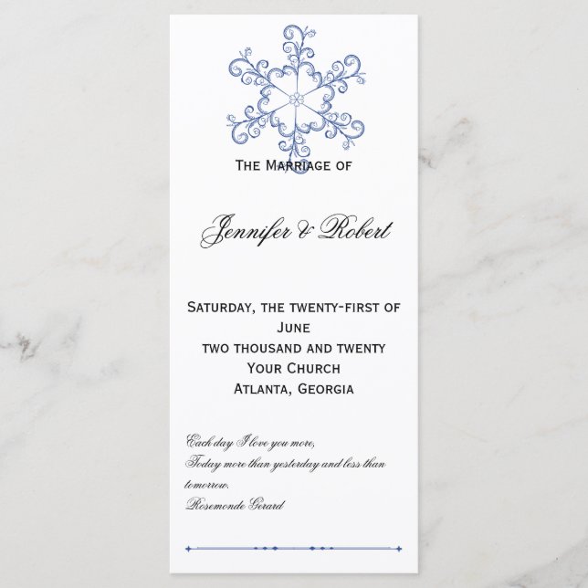 Blue Heart Snowflake Wedding Program (Front)