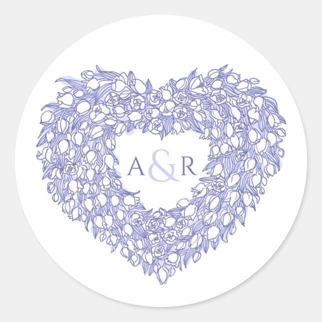 blue heart tulips monogram wedding classic round sticker (Front)