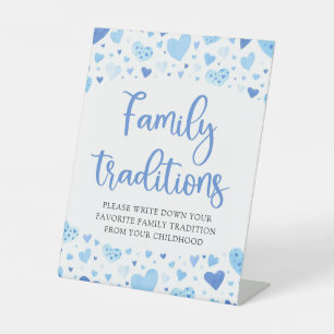Blue Heart Valentine Family Traditions Baby Shower Pedestal Sign