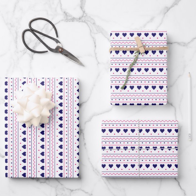 Blue heart valentine love pattern white background wrapping paper sheet (Front)