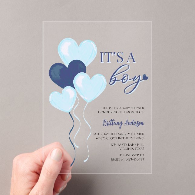 Blue Heart Valentines It's a Boy Baby Shower Acrylic Invitations (Insitu (Handheld))