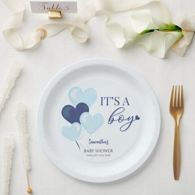 Blue Heart Valentines It's a Boy Baby Shower Paper Plate (Wedding)