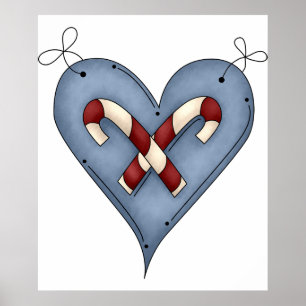 Blue Heart with Candy Canes Country Christmas Poster