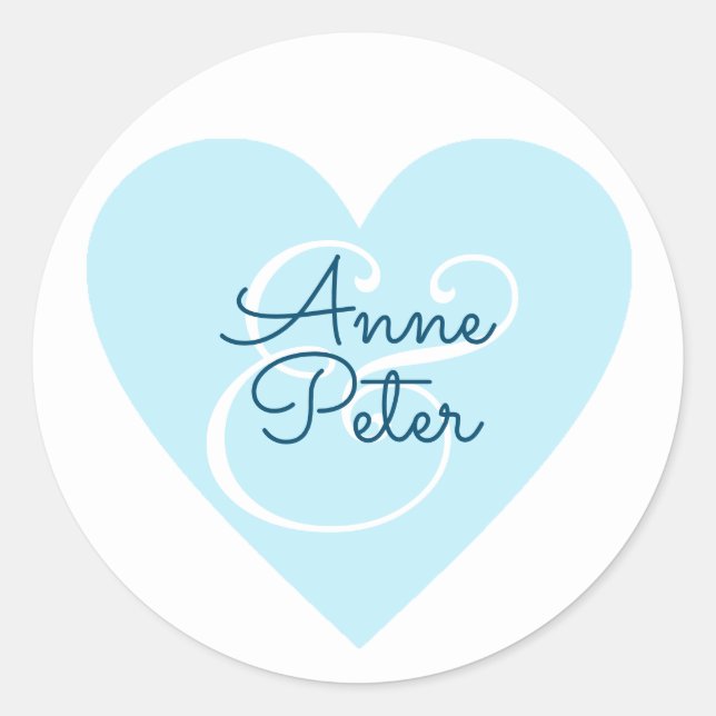 blue heart with couple names, wedding love  classic round sticker (Front)