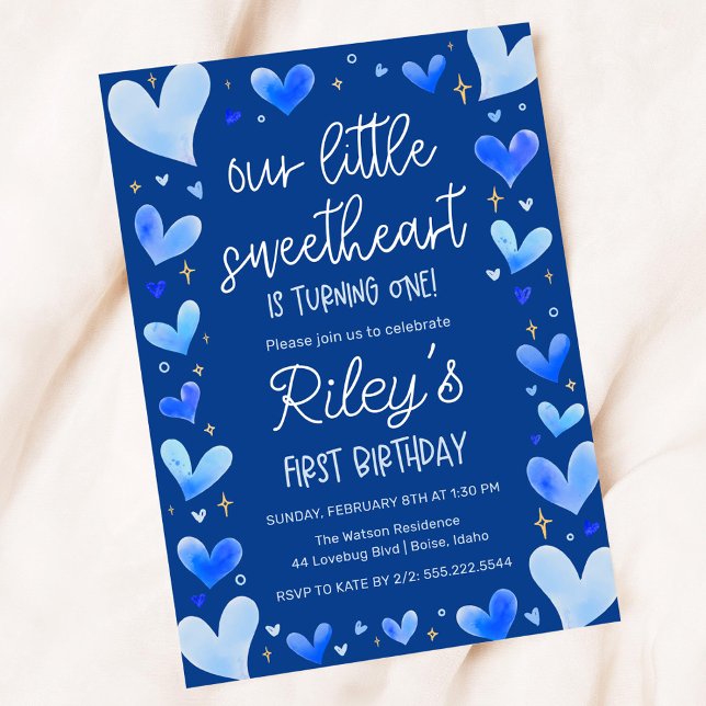 Blue Hearts 1st Birthday Our Little Sweetheart Invitation (Creator Uploaded)