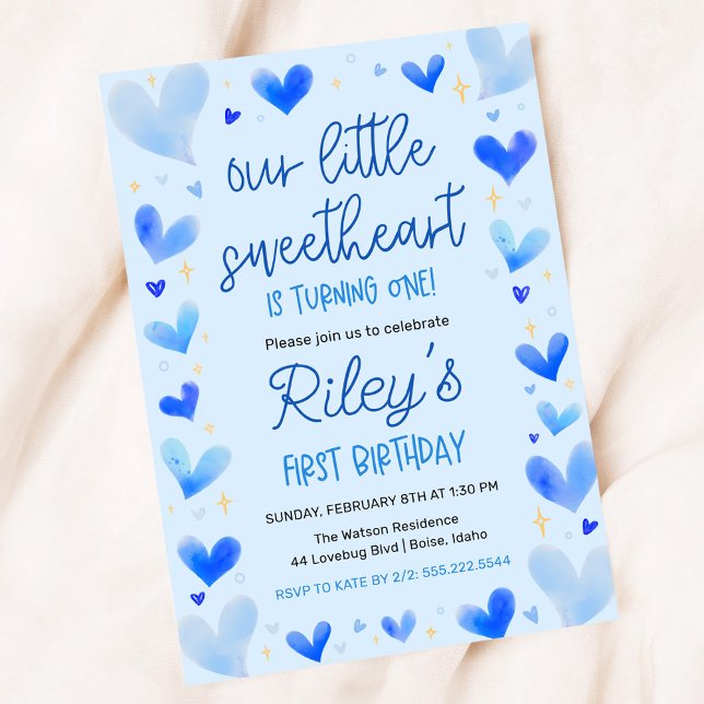 Blue Hearts 1st Birthday Our Little Sweetheart Invitation (Creator Uploaded)