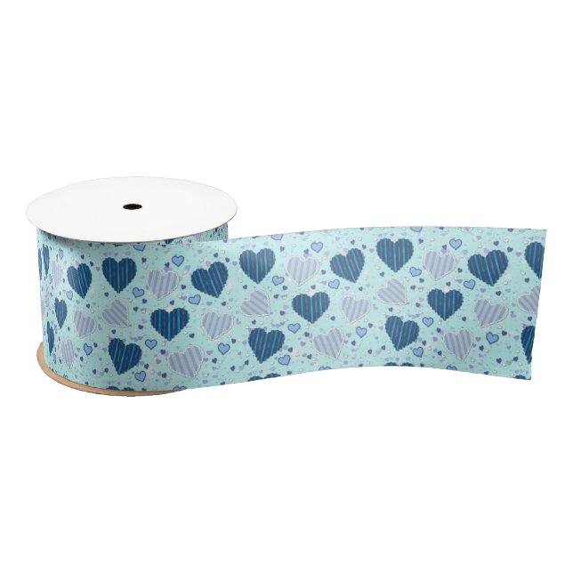 Blue Hearts 3" Wide Satin Ribbon, 2 Yard Spool Ribbon (Spool)