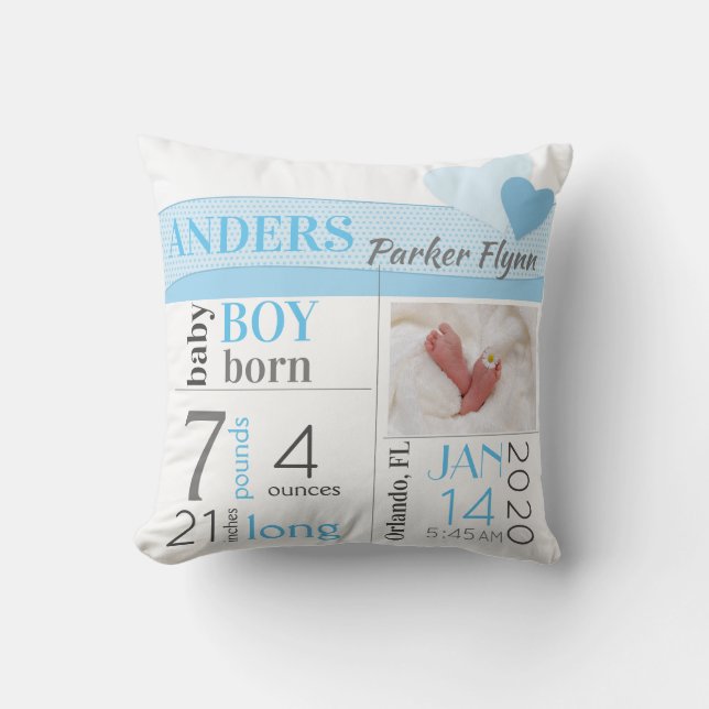 Blue Hearts Baby Birth Stats Cushion (Front)
