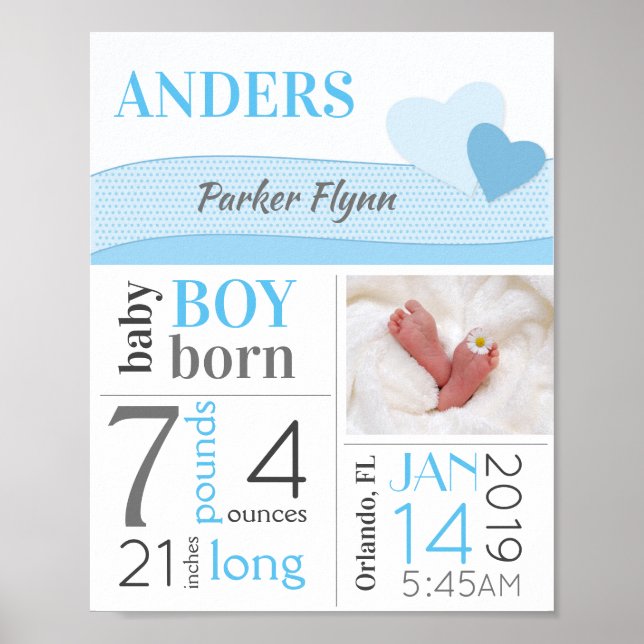Blue Hearts Baby Boy Birth Stats Sign Announcement (Front)