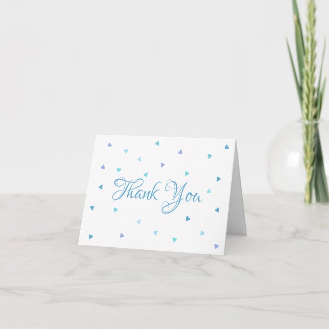 Blue Hearts Confetti Script Thank You Card (Front)