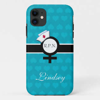 Blue Hearts+Female Sign+Nurse Cap/Name iPhone 11 Case