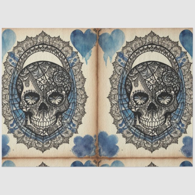 Blue Hearts Gothic Sugar Skull ephemera  Tissue Paper (Front)