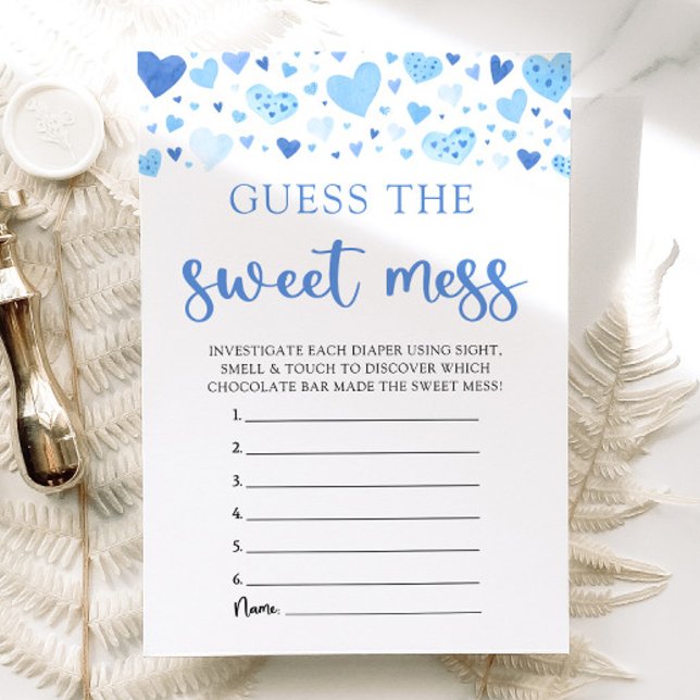Blue Hearts Guess the Sweet Mess Baby Shower Game Invitation (Watercolor Cute Blue Hearts Valentine Sweetheart February Boy Guess the Sweet Mess Baby Shower Game)