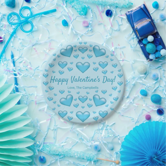 Blue Hearts Happy Valentine's Day & Custom Text Paper Plate (Party)