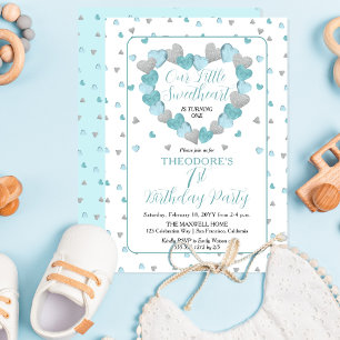 Blue Hearts Little Sweetheart 1st Birthday Party Invitation