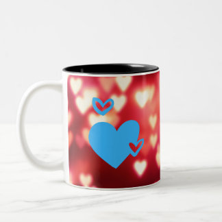 Blue Hearts On Red Love Background Two-Tone Coffee Mug