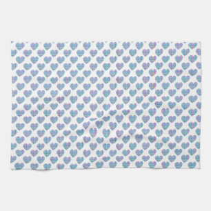 Blue hearts on white tea towel