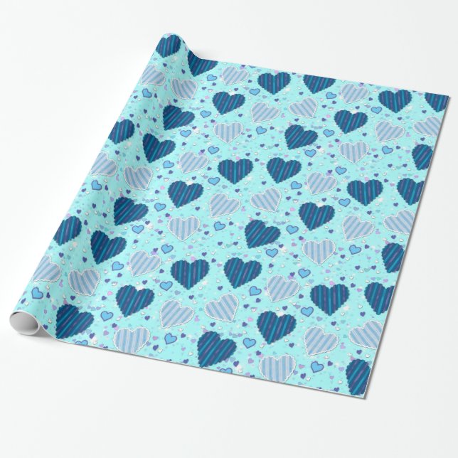 Blue Hearts Pattern  Wrapping Paper (Unrolled)