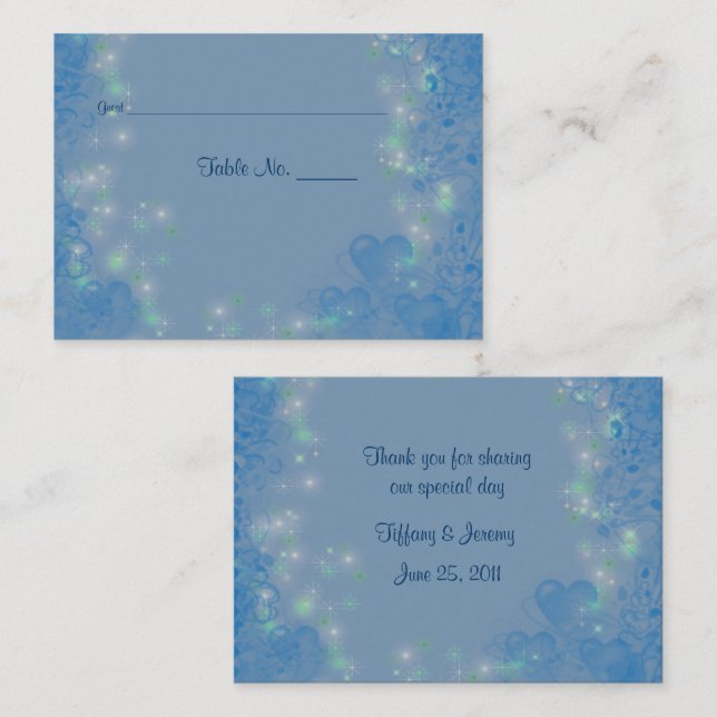 Blue Hearts Personalised Wedding Table Place Card (Front/Back)
