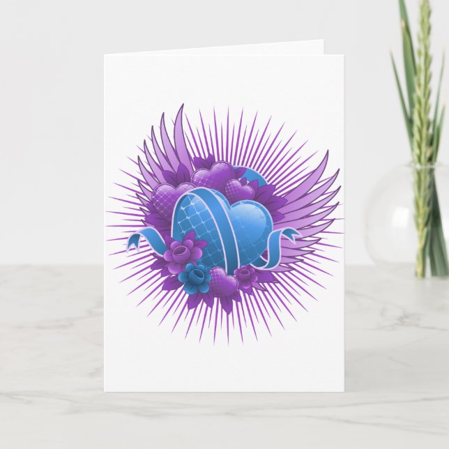 Blue Hearts Roses and Wings Holiday Card (Front)