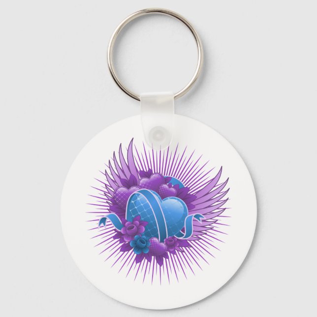 Blue Hearts Roses and Wings Key Ring (Front)