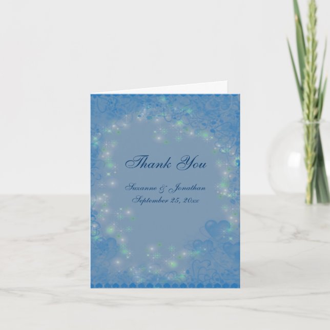 Blue Hearts Sparkly Lights Personalised Wedding  Thank You Card (Front)