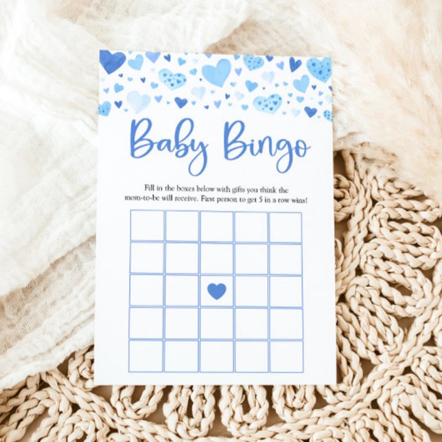 Blue Hearts Valentine Baby Bingo Baby Shower Game Invitation (Watercolor Cute Blue Hearts Valentine Sweetheart February Baby Boy Baby Bingo Baby Shower Game Card)