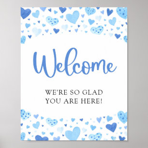 Blue Hearts Valentine Baby Shower Welcome Sign 