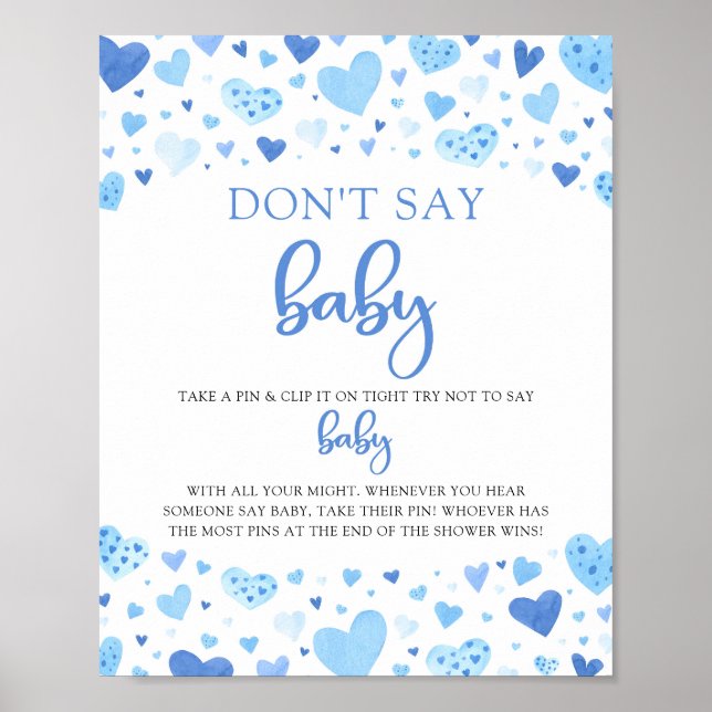Blue Hearts Valentine Don't Say Baby Shower Game Poster (Front)