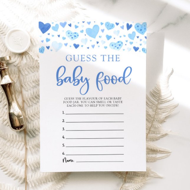 Blue Hearts Valentine Guess the Baby Food Game Invitation (Watercolor Cute Blue Hearts Valentine Sweetheart February Boy Guess the Baby Food Baby Shower Game )