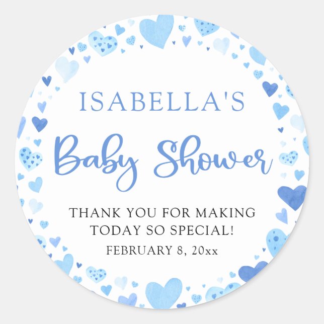 Blue Hearts Valentine Sweetheart Baby Shower Classic Round Sticker (Front)