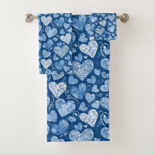 Blue Hearts Watercolor Hand Drawn  Bath Towel Set