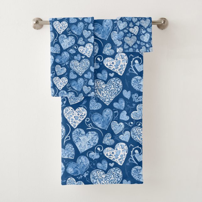Blue Hearts Watercolor Hand Drawn  Bath Towel Set (Insitu)