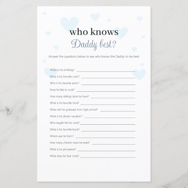Blue Hearts Who Knows Daddy Best Baby Shower Game (Front)