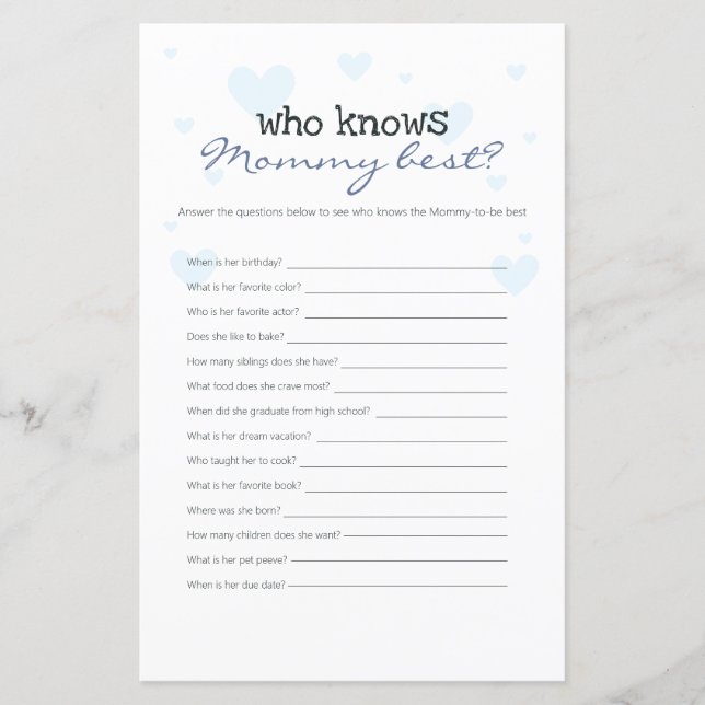 Blue Hearts Who Knows Mummy Best Baby Shower Game (Front)