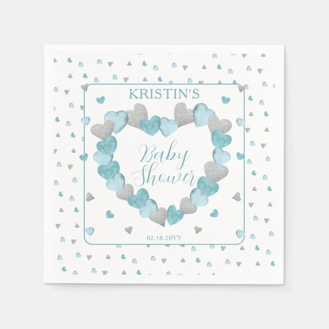 Blue Hearts Wreath A Little Sweetheart Baby Shower Napkin (Front)