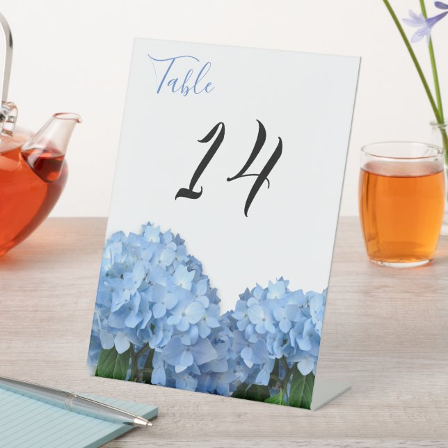 Blue Heaven Hydrangea Flowers Wedding Table Number Pedestal Sign (In SItu)
