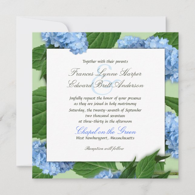 Blue Heaven Square Hydrangea Wedding Invitations (Front)