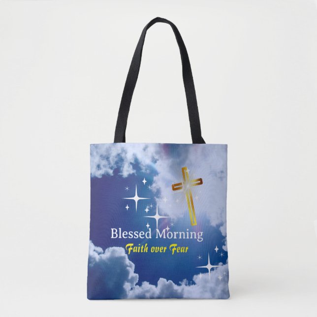 Blue heaven with White Clouds and Golden Cross Tote Bag (Front)