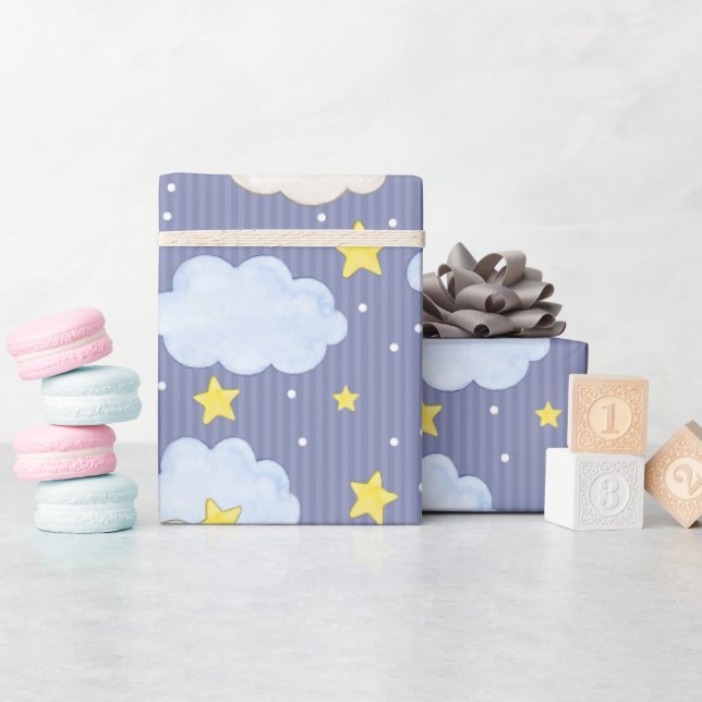  Blue Heavenly Stars And Clouds  Wrapping Paper (Baby Shower)