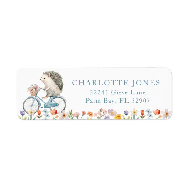 Blue Hedgehog Floral Baby Shower Return Address Label (Front)