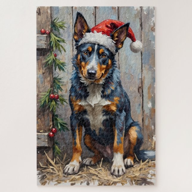 Blue Heeler Alertly Guarding Christmas Hay Hat Jigsaw Puzzle (Vertical)