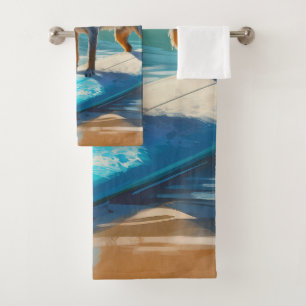 Blue Heeler Beach Surfing Painting  Bath Towel Set