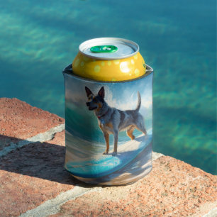 Blue Heeler Beach Surfing Painting Can Cooler