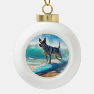 Blue Heeler Beach Surfing Painting  Ceramic Ball Christmas Ornament