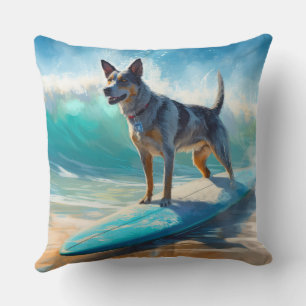Blue Heeler Beach Surfing Painting Cushion