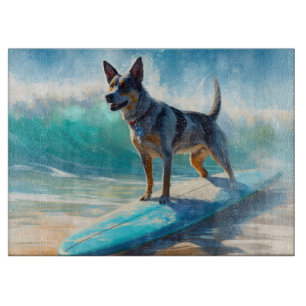 Blue Heeler Beach Surfing Painting Cutting Board